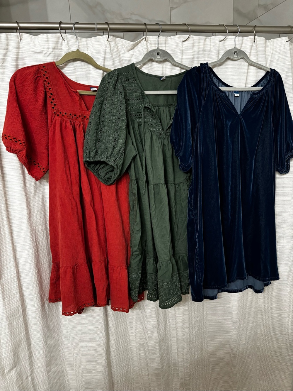Old Navy Red, Green, Navy Tiered V-Neck Tunic Trio